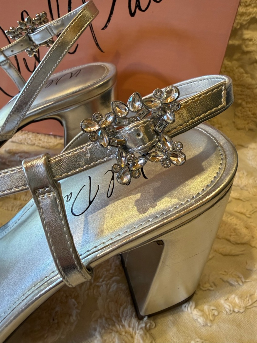 Wild Pair Silver Metallic Block Heel Slingback Sandals with Gem Accent # 645 - Picture 3 of 6